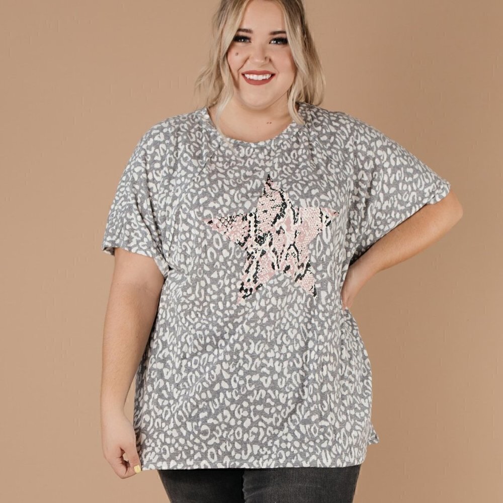 143 Story Charcoal Leopard Top w/ Snakeskin Star